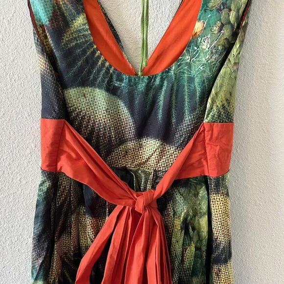 Eva Franco Anthropologie Dress Size 4 Succulents Green Orange Tie Back Western - Picture 9 of 16